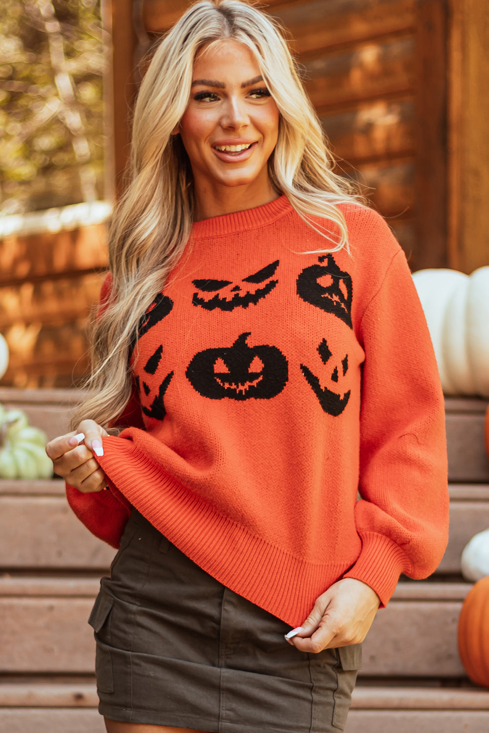 Orange Drop Shoulder Sweater with Halloween Pumpkin Face Pattern