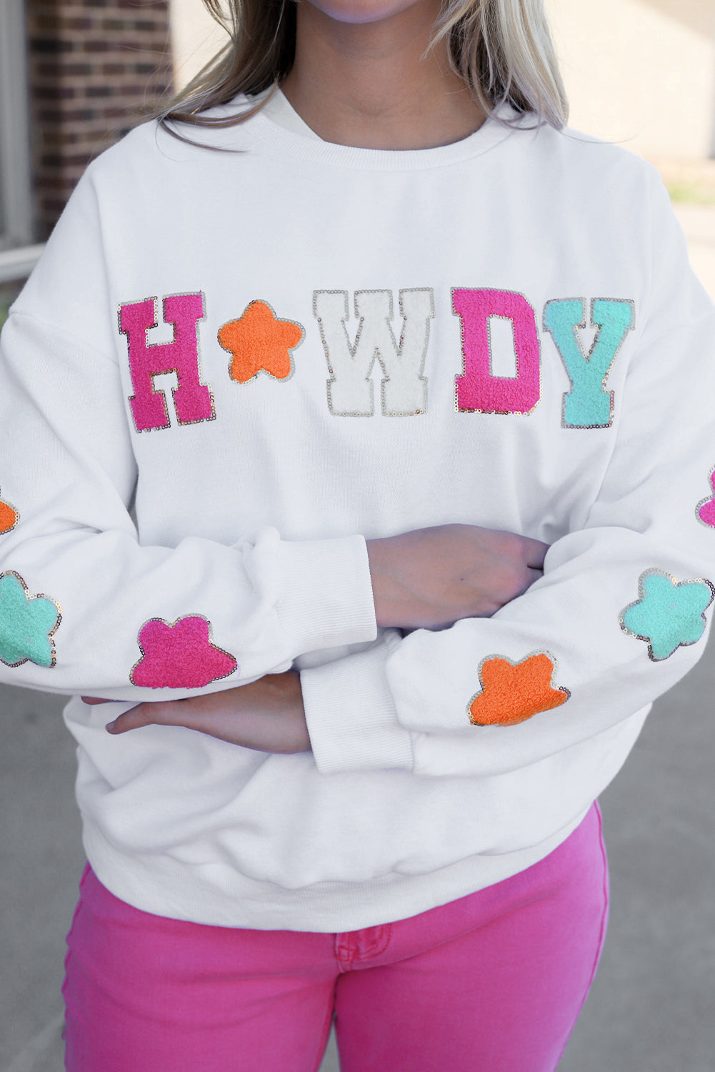 Weiß Howdy Glitter Chenille Patch Grafik Casual Sweatshirt