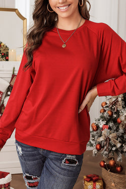 Bright Red Plain Raglan Sleeve Crew Neck Sweatshirt