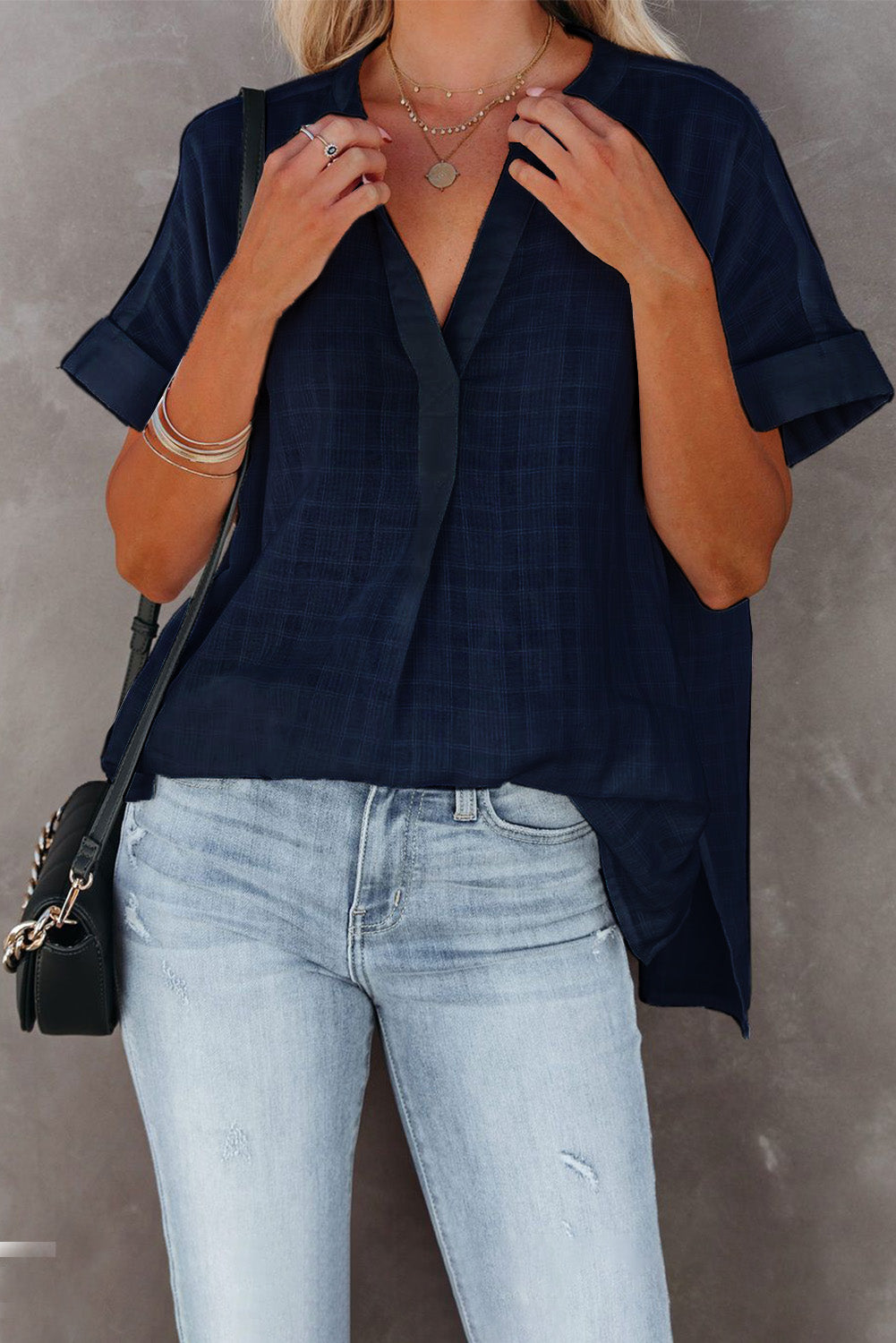 Navy Plaid Print Lose V Neck Kurzarmhemd mit Schlitzen