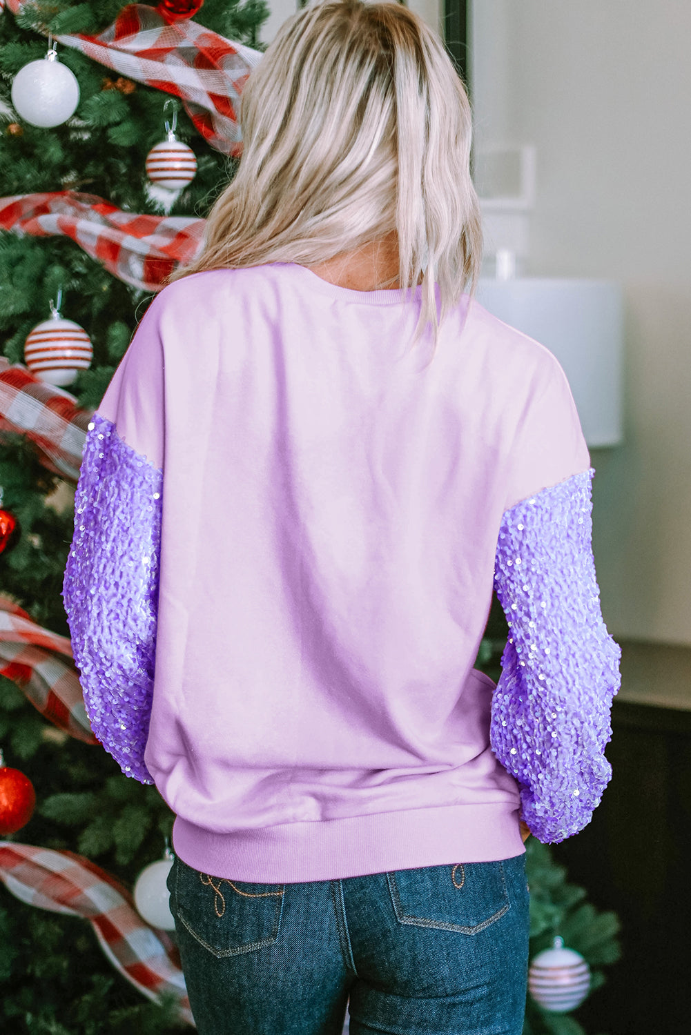 High sweater with long sleeves in patchwork of glitter and orchid petals