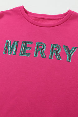 Sweat-shirt patchwork à paillettes MERRY Christmas Tree rose fraise