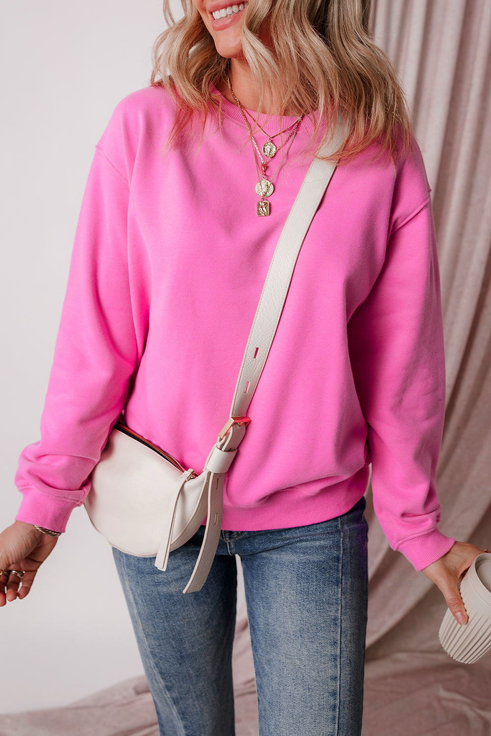 Bonbon Solid Fleece ausgekleideter Schulter Terry Sweatshirt