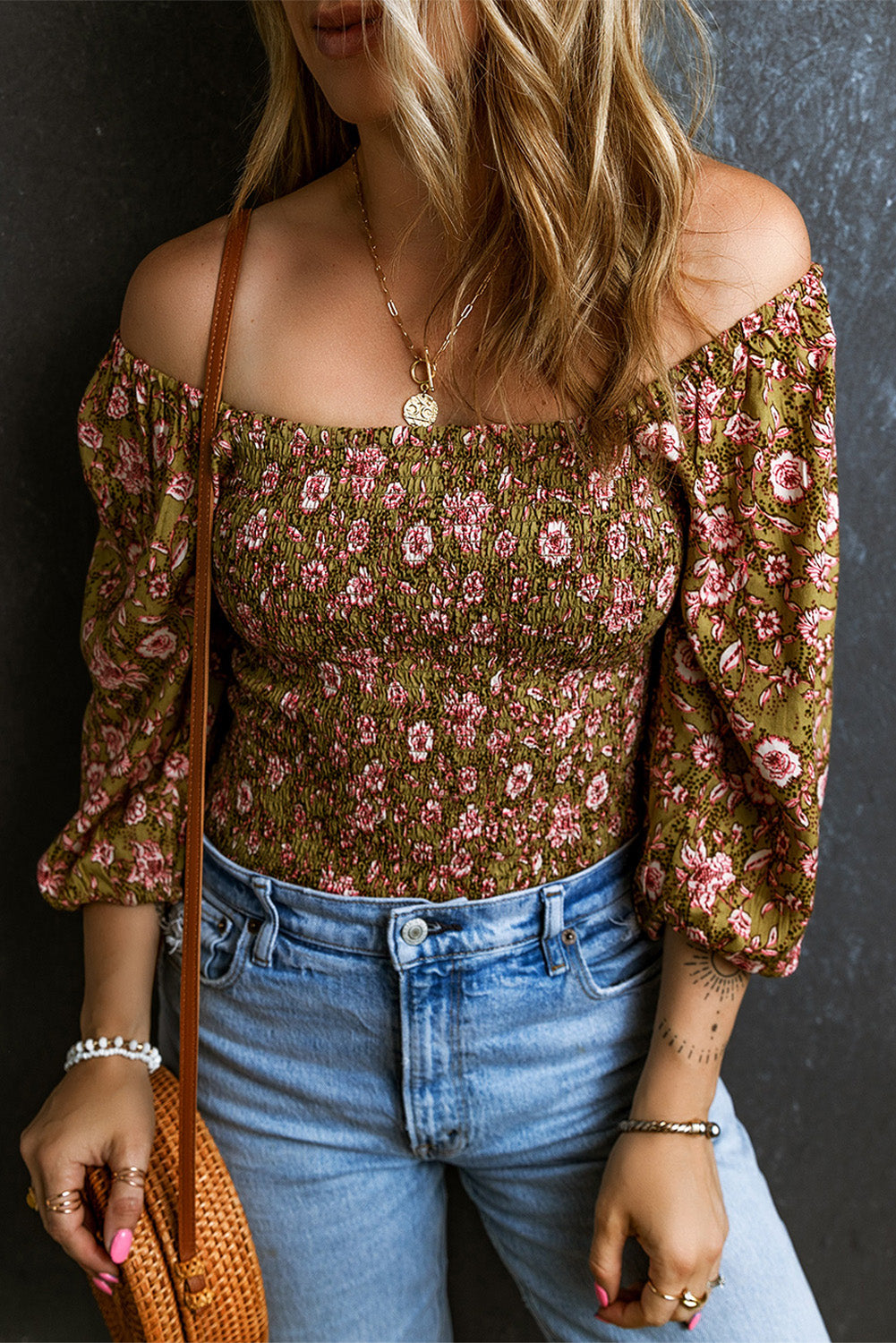 Green Floral Print Shirred 3/4 Sleeve Off Shoulder Blouse