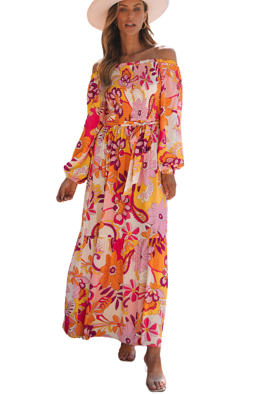 Multicolour boho floral smocké de la manche bouffée de l'épaule robe maxi