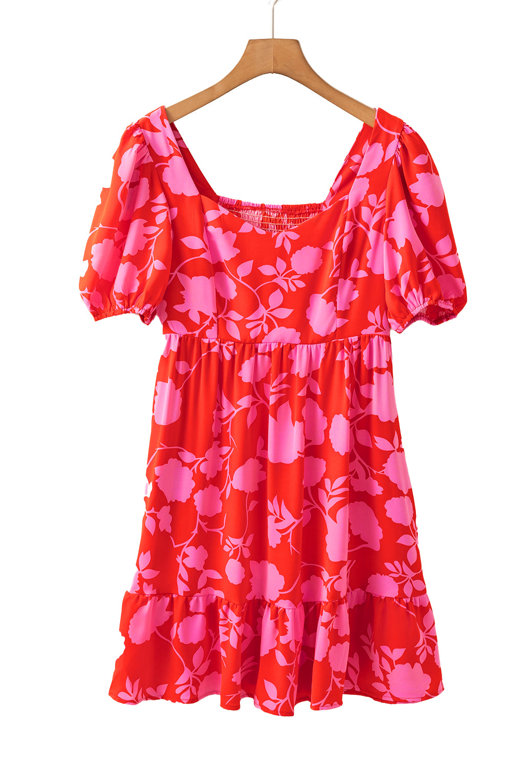 Mini-robe à volants et manches bouffantes à fleurs, col en cœur, rouge