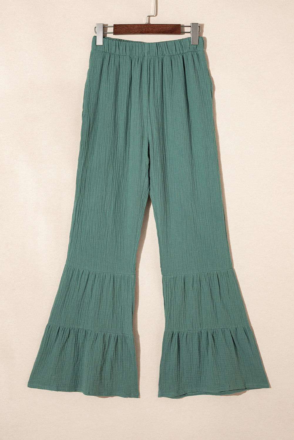 Green Textured High Waist Ruffled Bell Bottom Pants