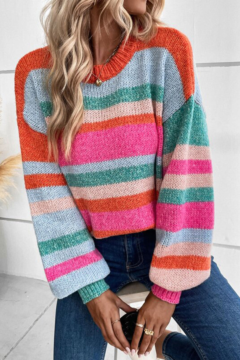 Mehrfarbiger gestreieter Strick -Drop -Schulterpuffarmpullover