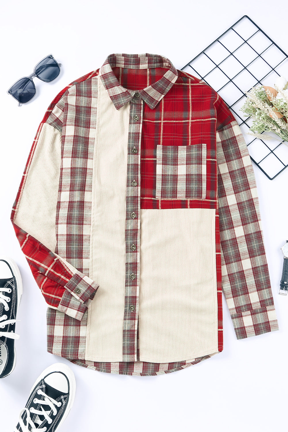 Plaid Corduroy Patchwork Shacket