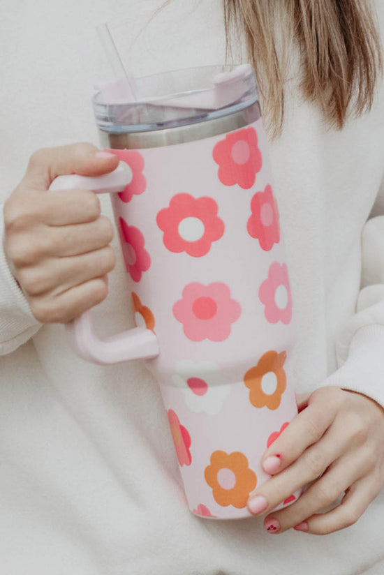 Tasse à vide en acier inoxydable à poignée avec impression de fleurs multicolores 40oz