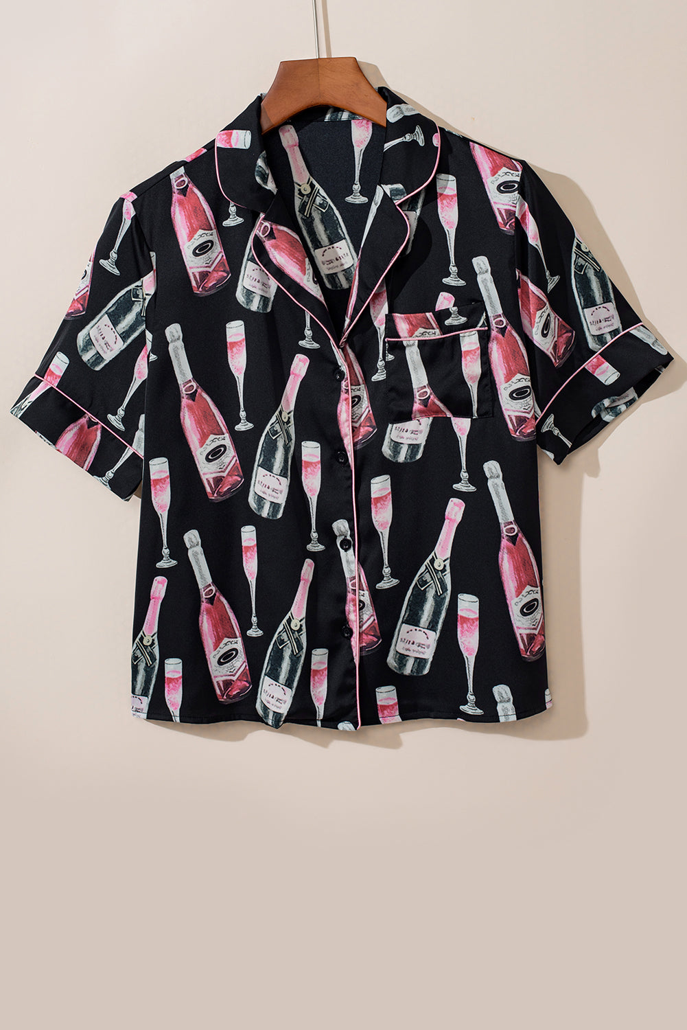 Ensemble de pyjama soyeux à manches courtes et imprimé champagne noir-A WOMAN WE LOVE