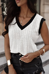 V -neck sweater in knitting with eyelets and border *