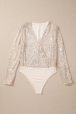 Beige body with glitter and long sleeves, v * collar