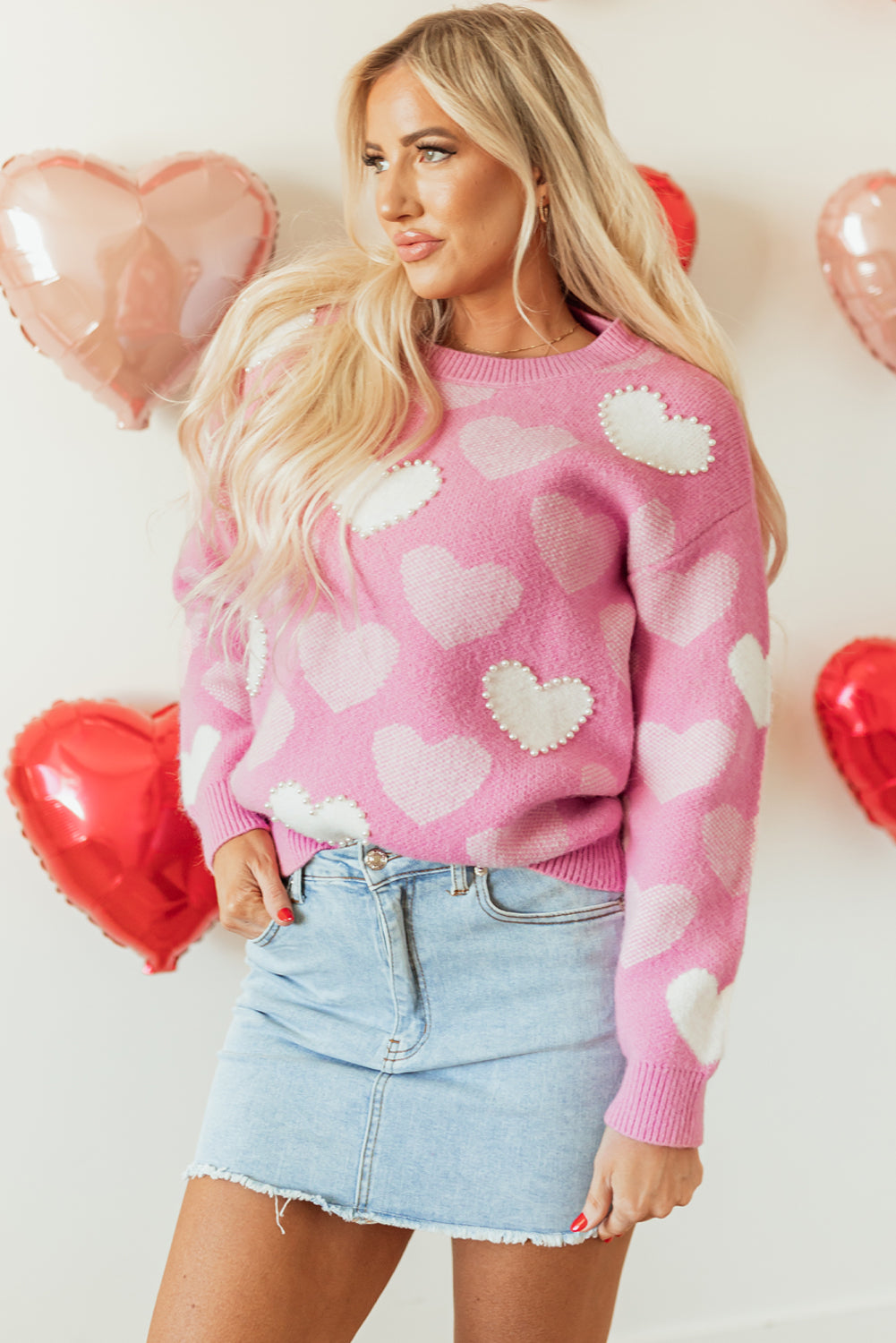 Pink Crew Neck Sweater with Pearl Heart Print for Valentine's Day