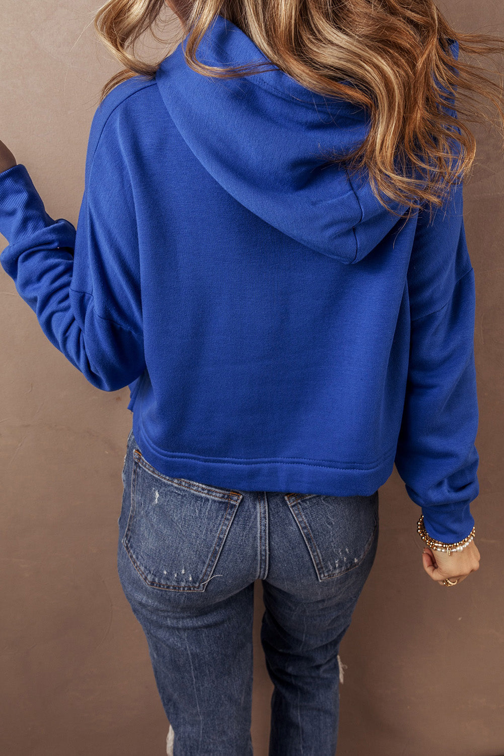 Dark Blue Drop Shoulder Drawstring Cropped Hoodie