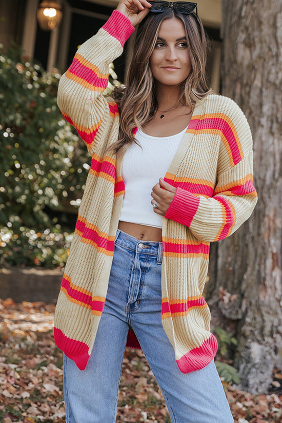 Striped Printed Ribbed Knitted Long Cardigan