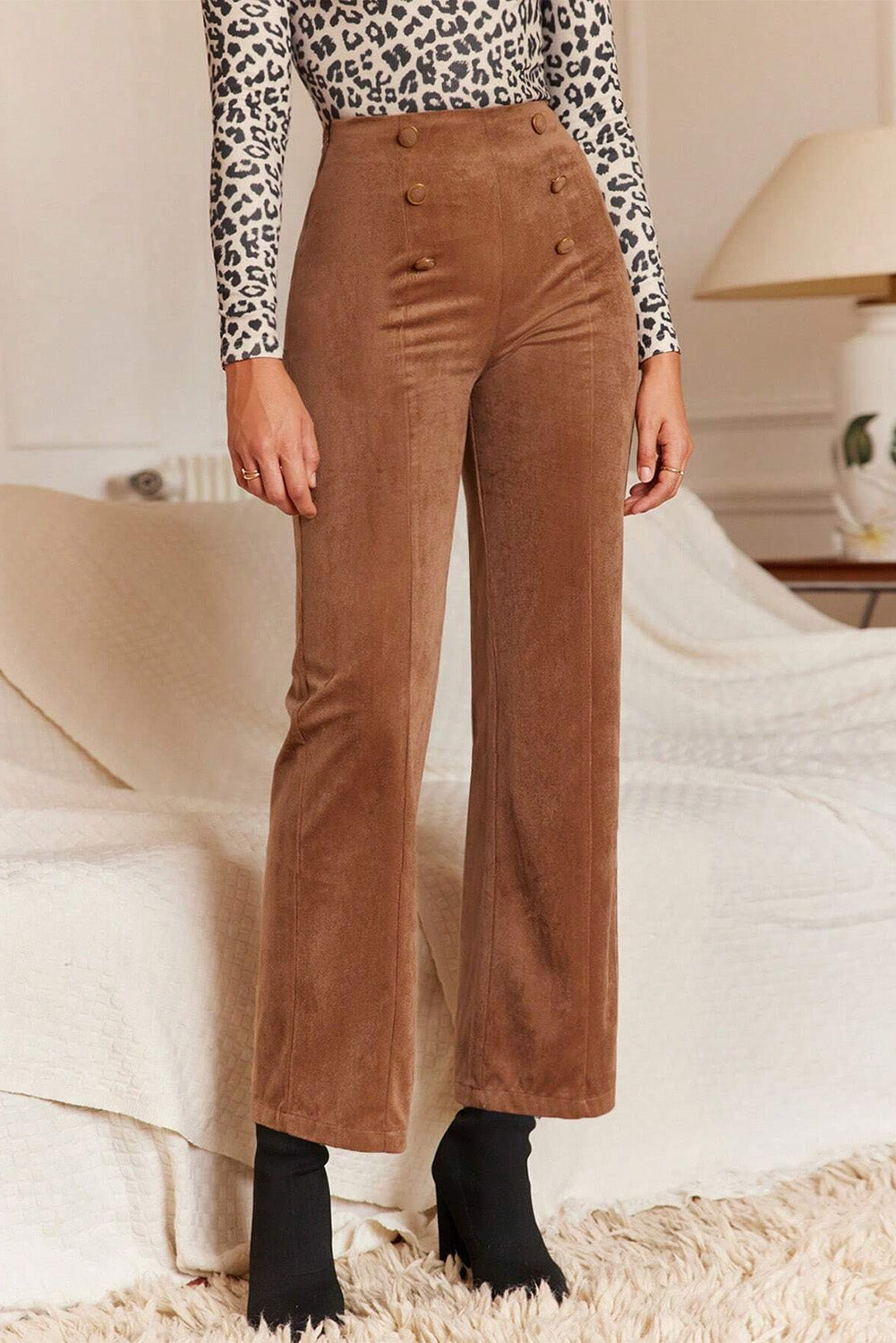 Pantalon droit croisé de couleur unie marron