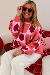 Plus Size Pink Love Heart Block Lantern Sleeve Mock Neck Valentine's Day Sweater