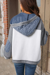 Light Blue Patchwork Textured Quilted Loose Fit Hooded Jacket