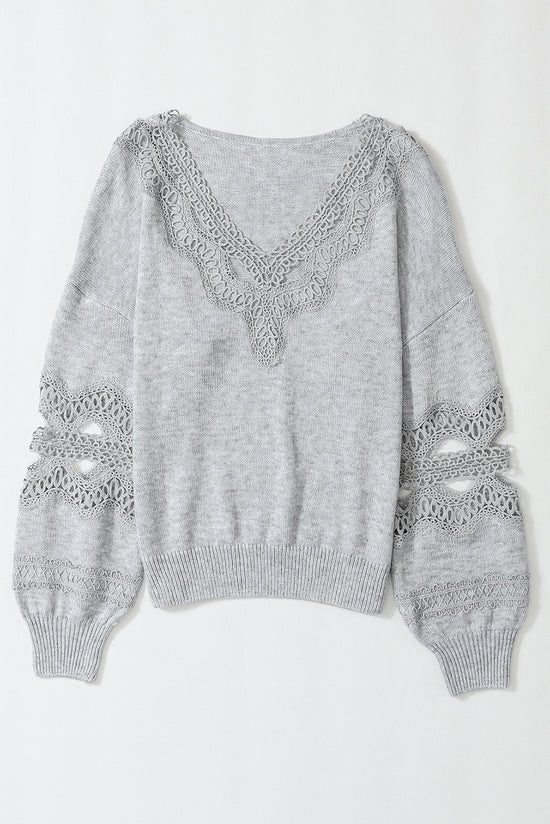 Gray V-neck Hollow Lace Splicing Loose Sweater