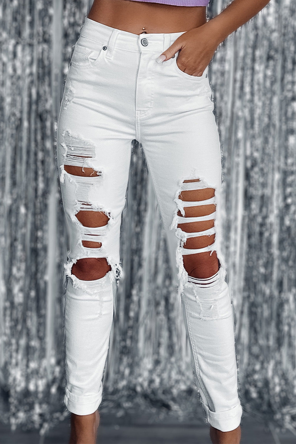 Jean skinny taille haute blanc déchiré et déchiré