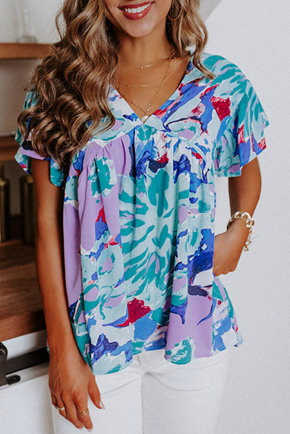 Sky Blue Abstract Print V Neck Flutter manga Blusa