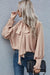 Khaki blouse with ruffles and flared sleeves with an upright and knotted collar