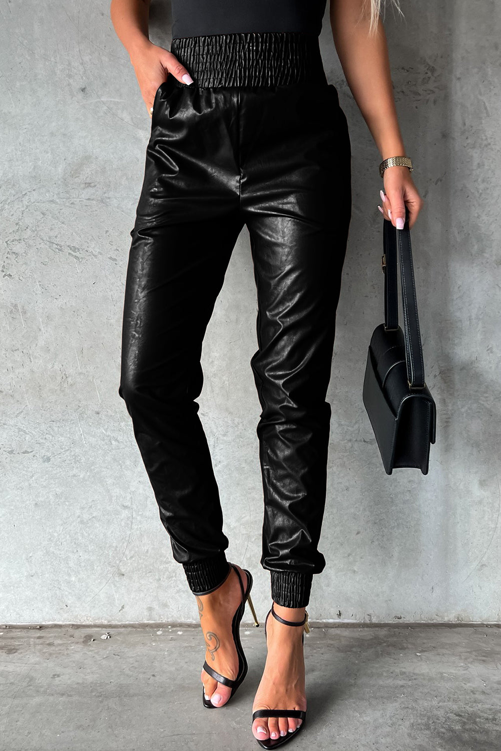 Black Smocked High Waisted Leather Skinny Pants