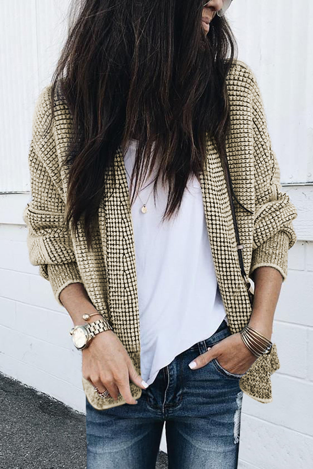 Cardigan ouvert sur le devant à carreaux abricot et bordure contrastée-A WOMAN WE LOVE
