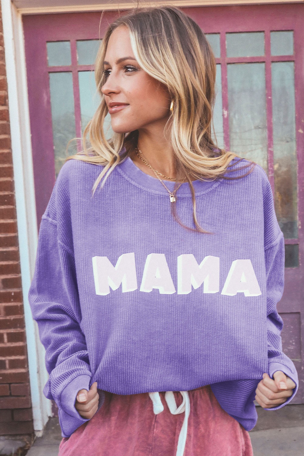 Purple Mama gerippte Crew Neck Pullover Sweatshirt