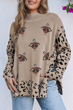 Khaki turtleneck sweater with slits, mixed pattern, turkey leopard pattern and slits