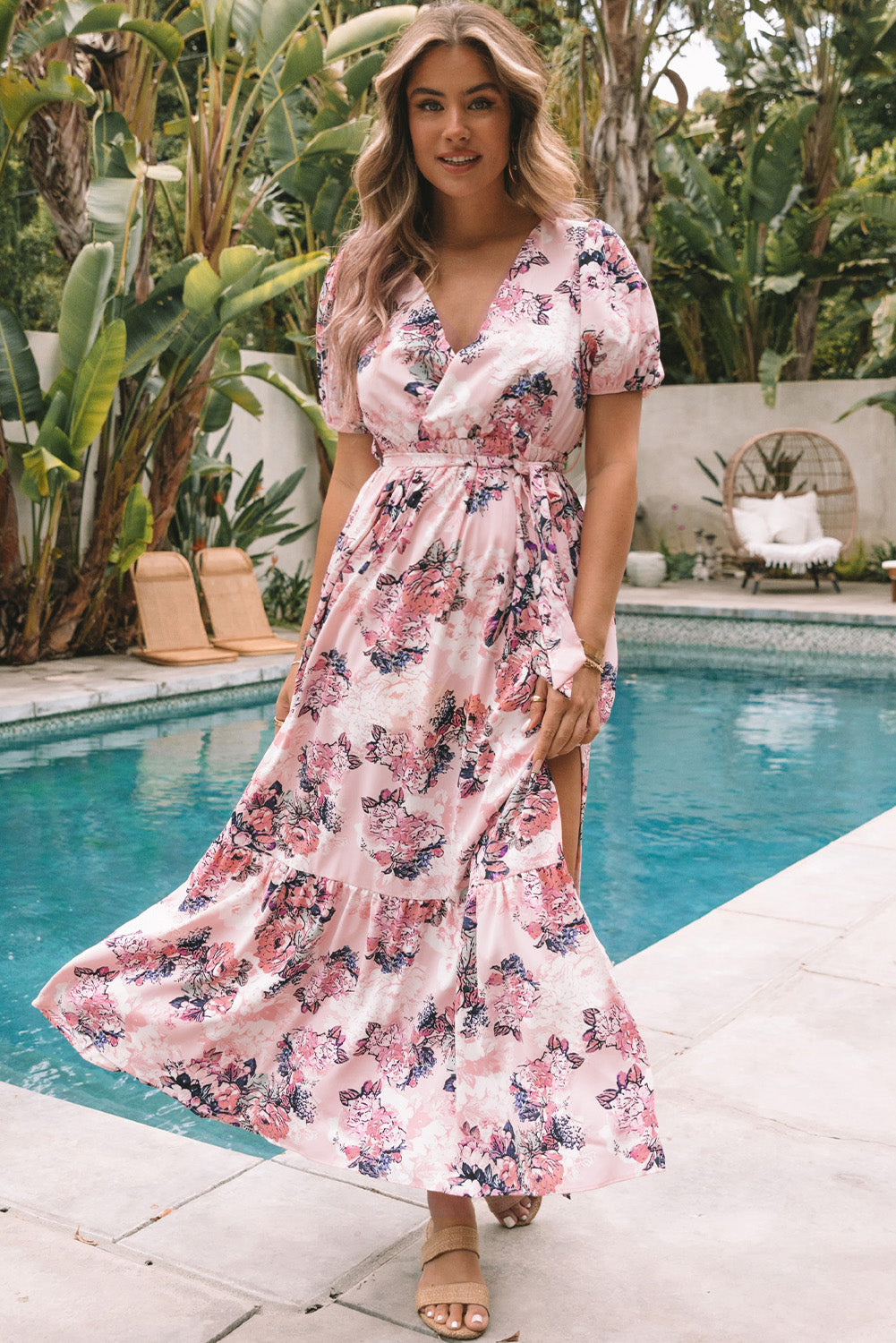 Pink Floral Puff Sleeve High Waist Maxi Dress