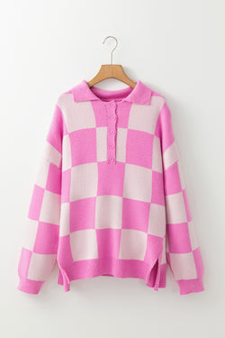 Pull rose à épaules tombantes et col demi-bouton en damier