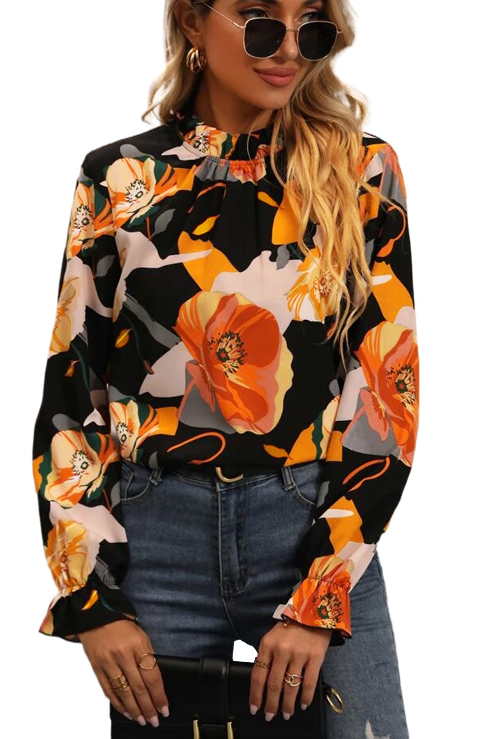 Blouse noire à col montant et imprimé floral