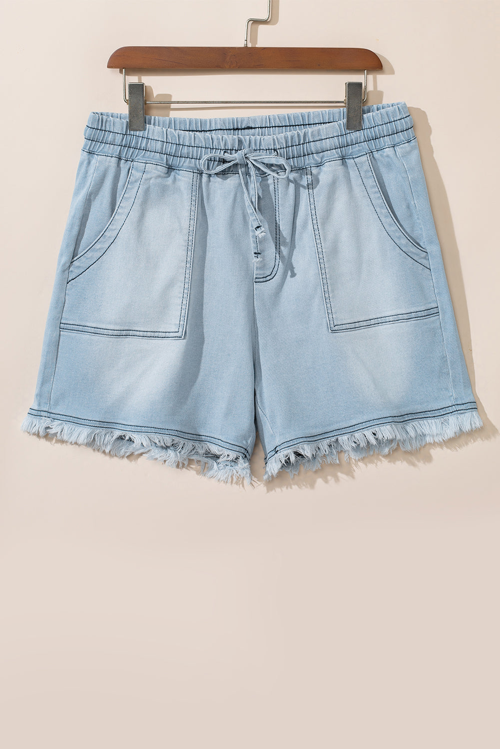 Sky Blue Vintage Frayed Hem Plus Size Drawstring Denim Shorts