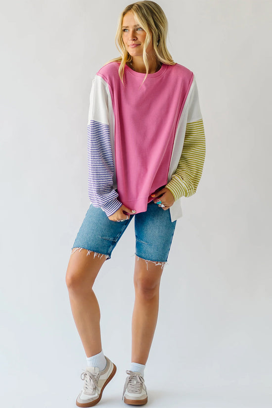 Long sleeve top in striped patchwork with pink sodium stitching