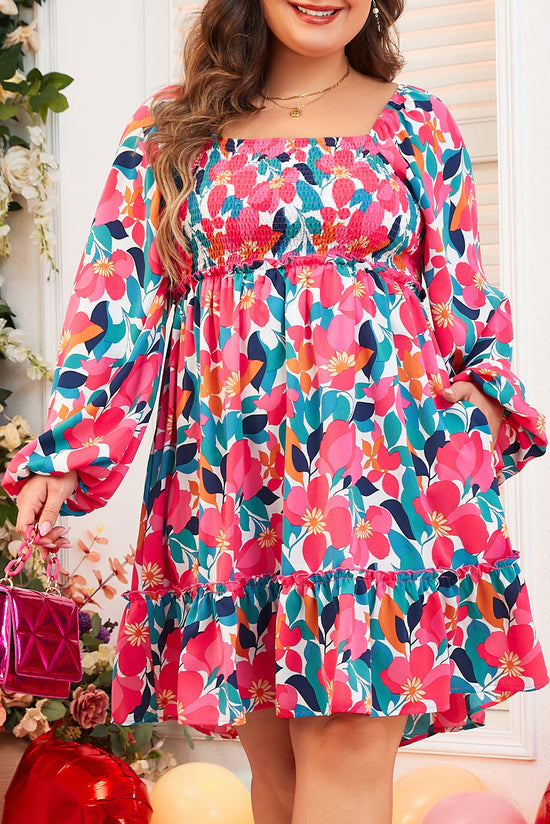 Smoke -collar dress with square pink flower print