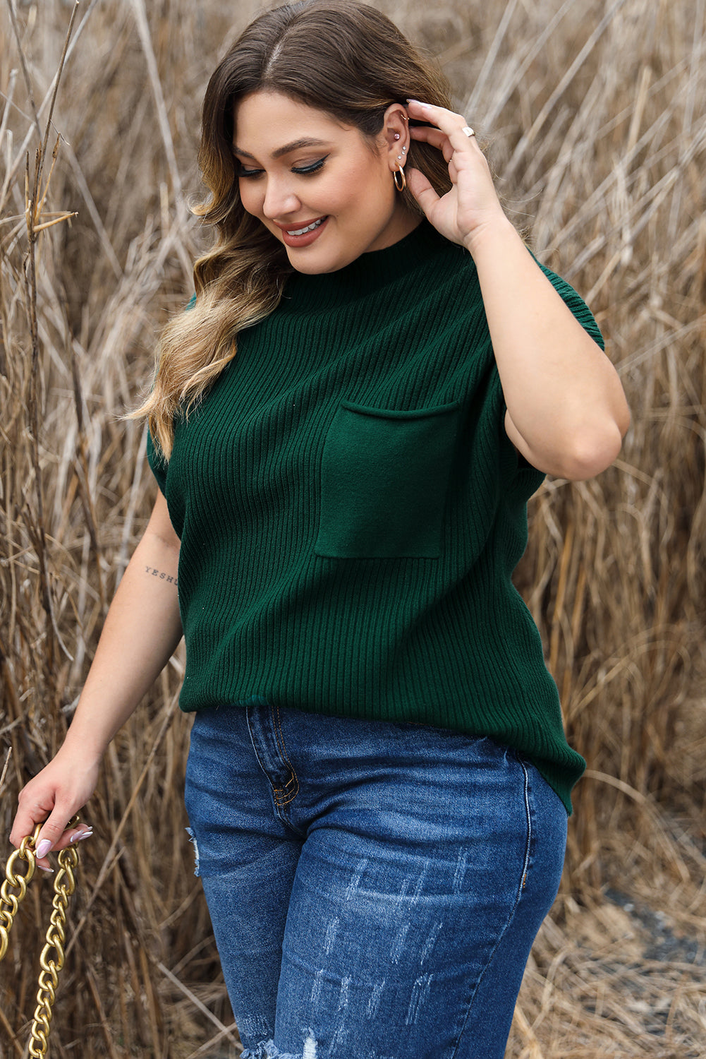 Giungla verde plus size per il petto finto tasca corta maglione