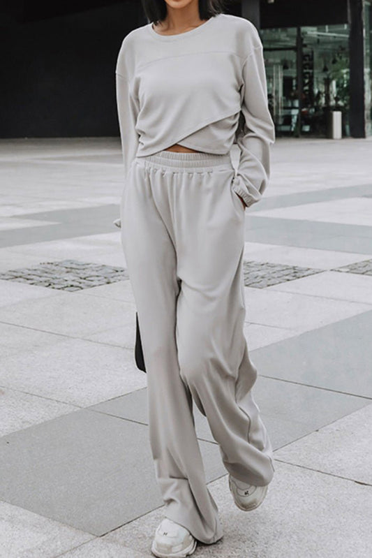 Ensemble actif haut court et pantalon croisé uni gris clair