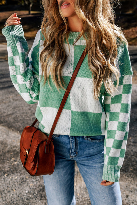 Pull vert menthe à épaules tombantes et imprimé à carreaux