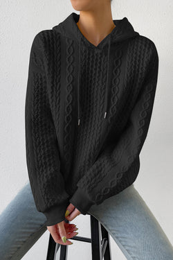 Black Textured Casual Drawstring Hoodie