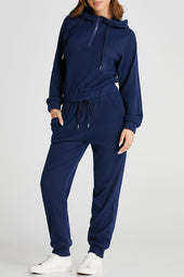 Shandy navy blue ribbed knitting hooded sweatshirt and jogging pants with tightening