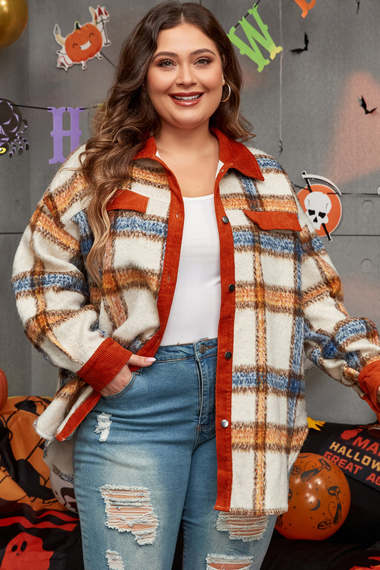 Plus Size Brown Striped Plaid Print Collar Button Down Jacket