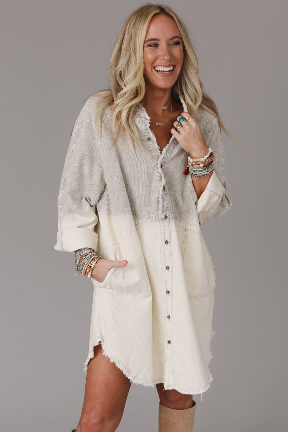 Bouton à manches longues Gray Gradient Up Up Hem Denim Robe