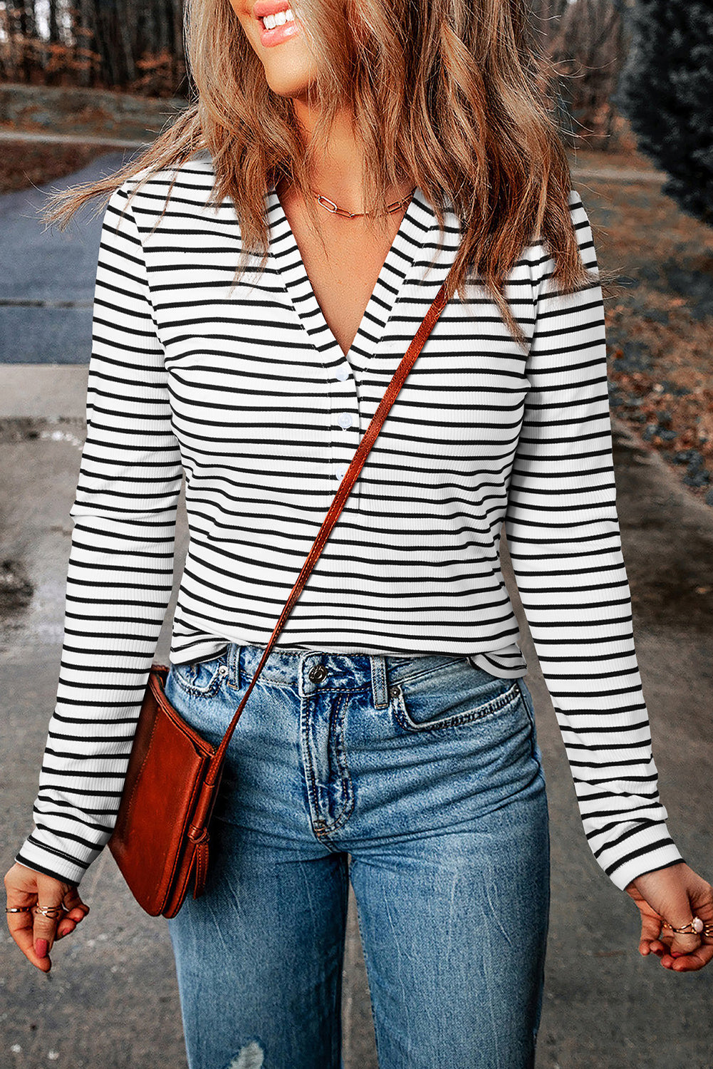 White Striped Button Down V-Neck Long Sleeve T-Shirt