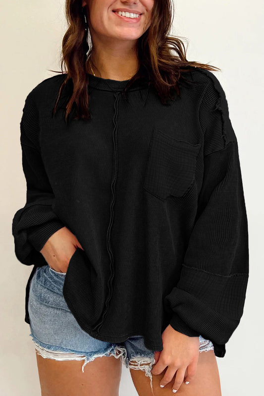 Black Plus Size Exposed Seam Crinket Patchwork Top