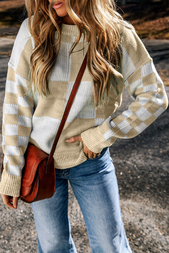 Linen Plaid Print Drop Shoulder Sweater