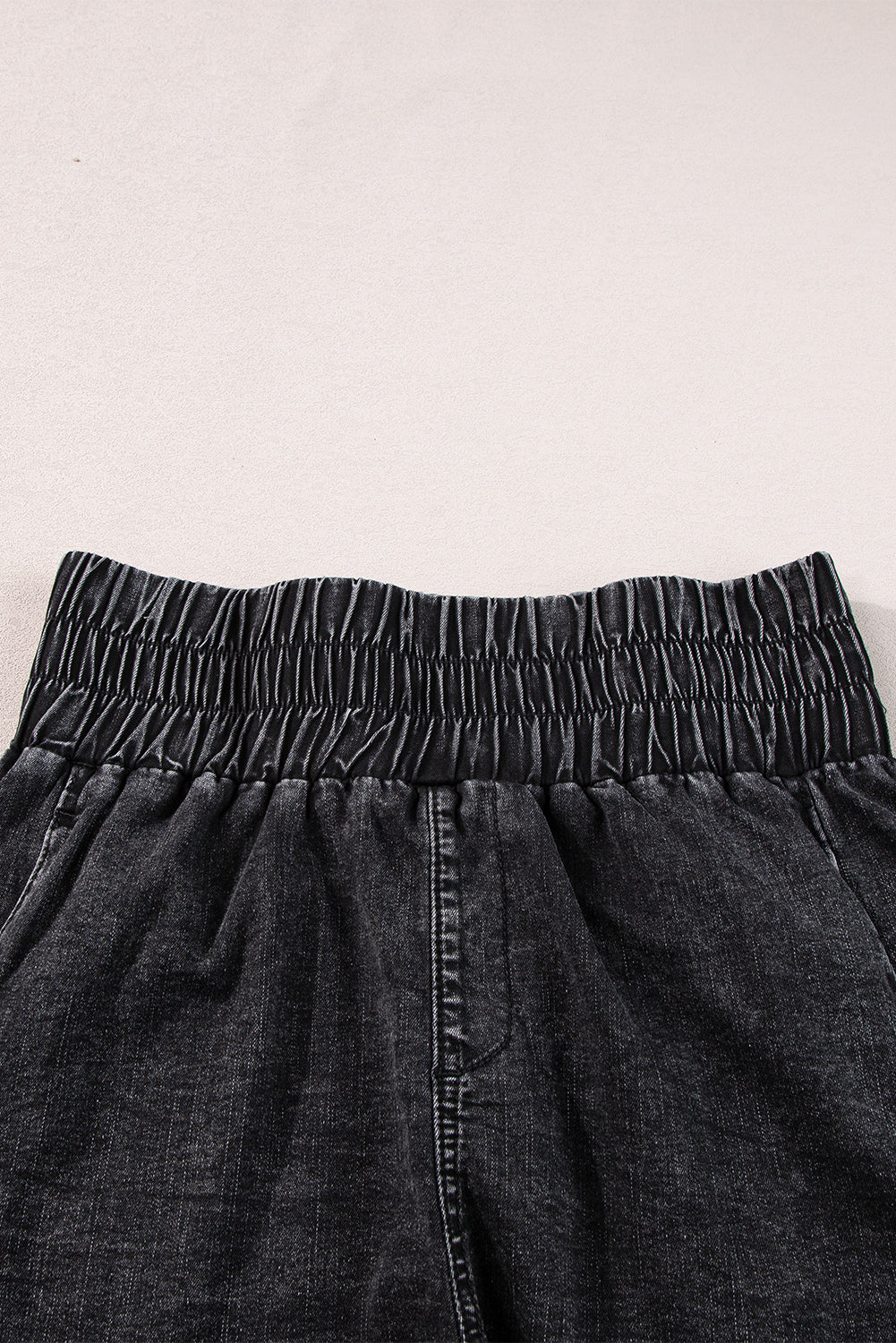 Black Smocked High Waisted Denim Shorts Mineral Wash