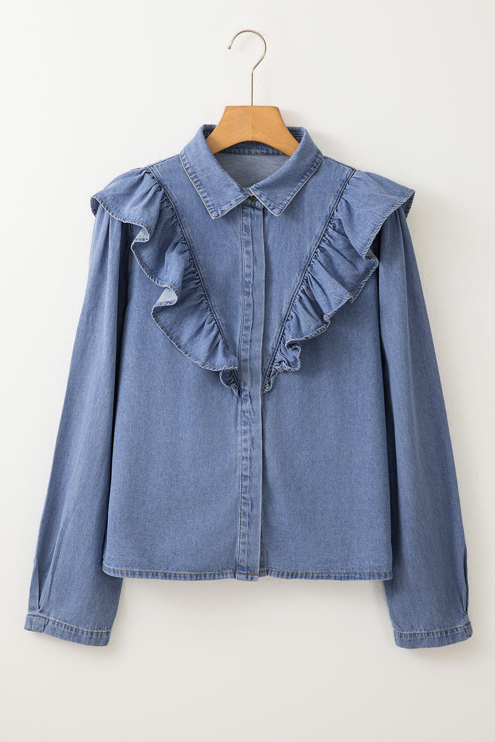 Dusk Blue Denim Ruffled Casual Top