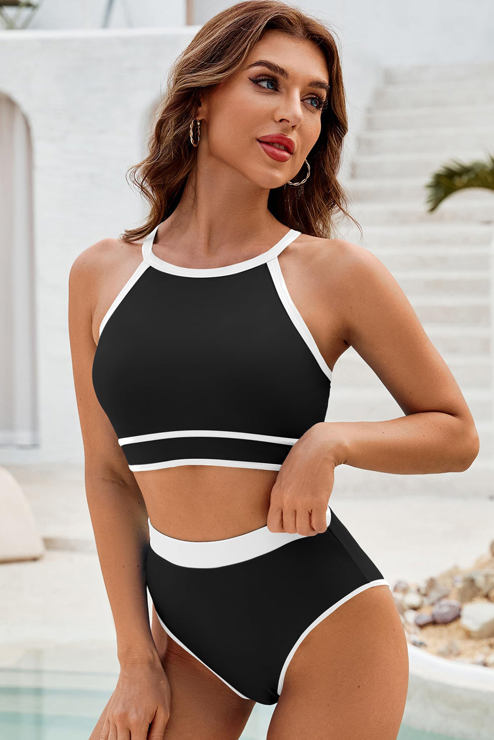 Black Contrast Trim Crisscross Back Bikini a vita alta